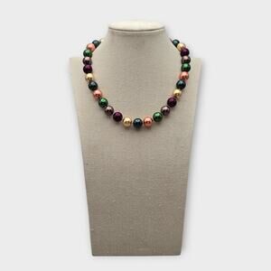 Red Gold Champagne Multi Color Pearl Beaded Statement Necklace Y2K Holiday Glam